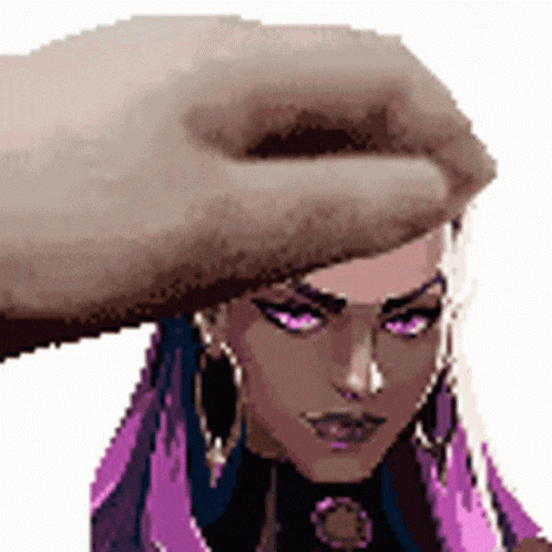 a pixel art of a woman 's face with purple eyes and a hand on her head .