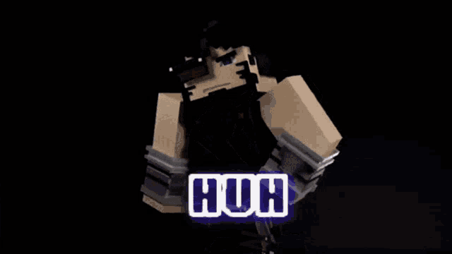 a video game character with the word huh written on it