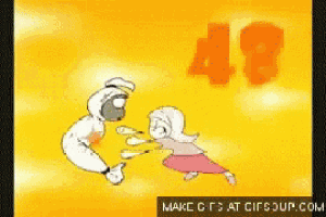 a cartoon of a man and a girl with the number 48 on the bottom