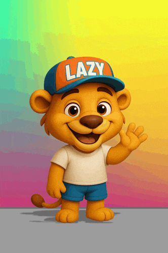a cartoon lion wearing a blue hat that says lazy