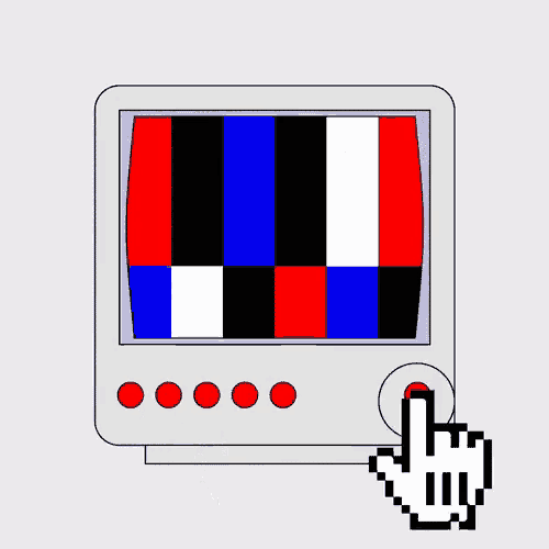 a computer monitor with a red white and blue striped screen and a hand pointing at it