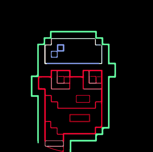 a pixel art drawing of a skull with a blue square on top