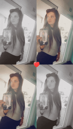 a woman taking a picture of herself with a phone