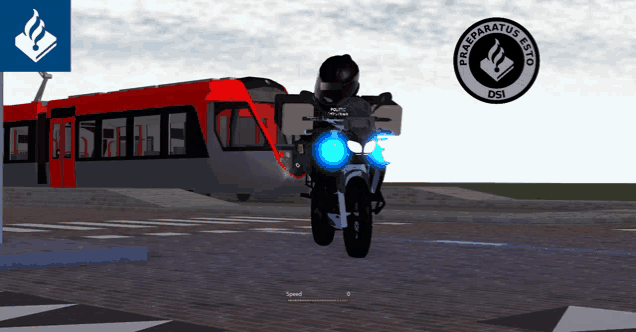 a man riding a motorcycle in front of a train and a logo that says praeparatus esto osi
