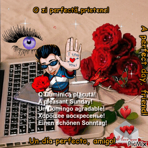 a cartoon of a man holding a rose with the words i love you on his hand
