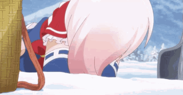 a girl with white hair is laying in the snow next to a shovel