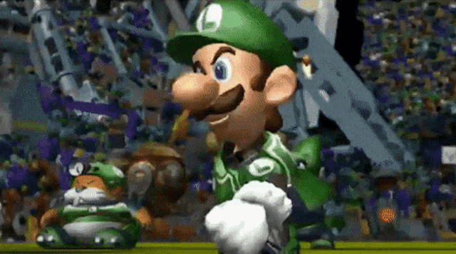 a cartoon character wearing a green hat with the letter l on it