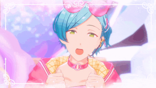 a girl with blue hair and green eyes is wearing a pink collar and sunglasses