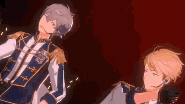 two anime characters are standing next to each other on a red background .