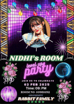 an invitation for nidhi 's room level up party on february 2