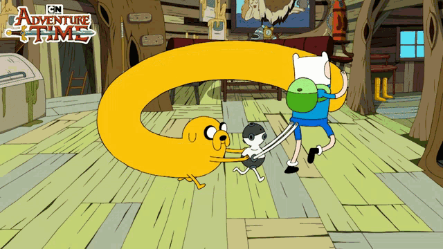a cartoon scene from cn adventure time shows finn and jake fighting