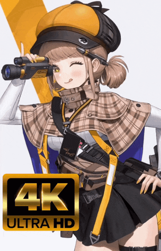 a girl holding binoculars next to a 4k ultra hd banner