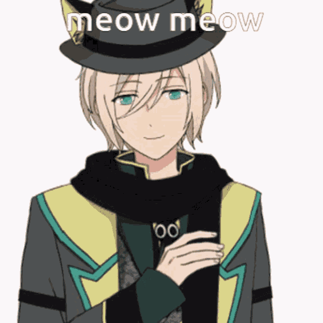 a man wearing a hat with cat ears and the words meow meow on the bottom