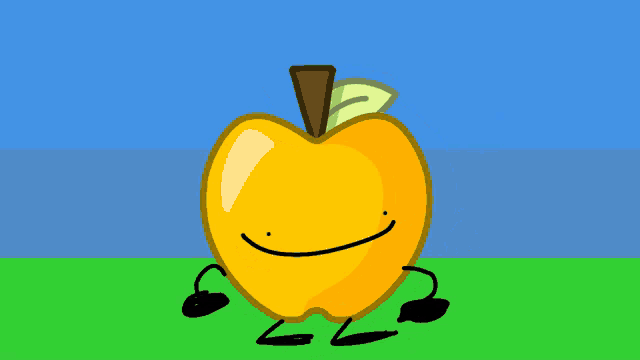 a cartoon drawing of a yellow apple with a brown stem