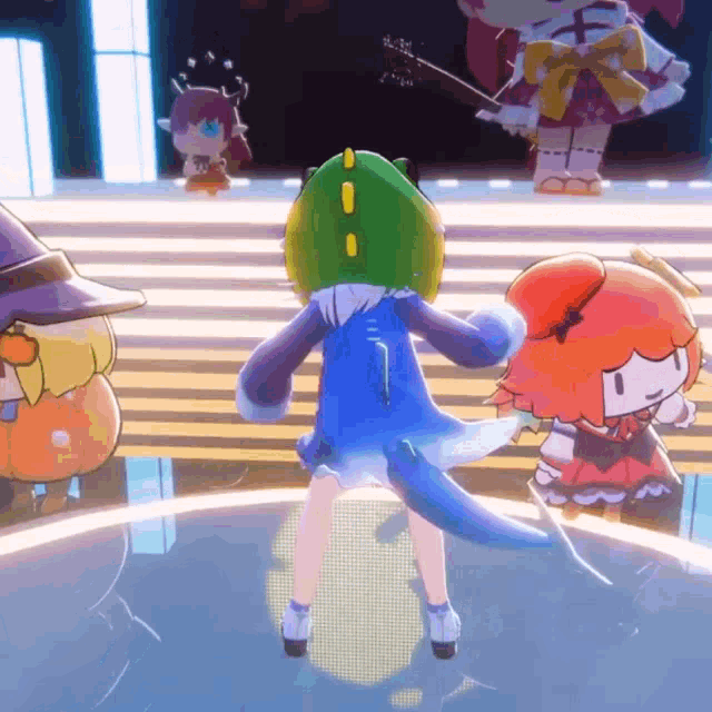 a group of cartoon characters are standing on a stage including a girl in a dinosaur costume