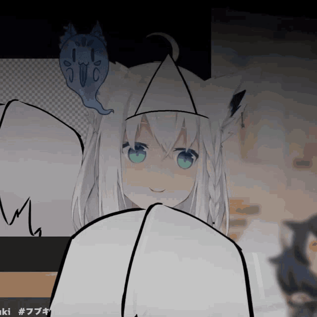 a drawing of a white anime girl with green eyes and a ghost on her head