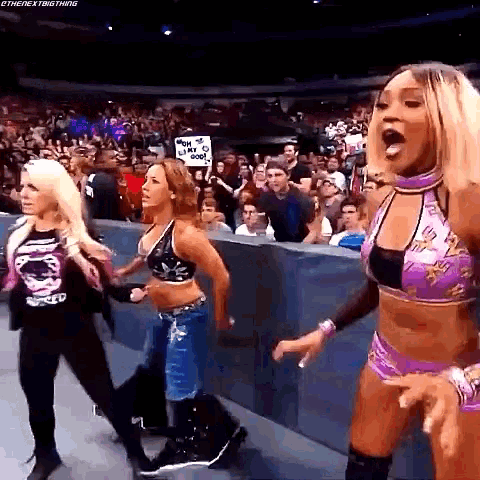 a group of women are dancing in front of a crowd while holding signs .