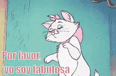 a cartoon cat with a pink bow on its neck and the words por favor yo soy fabulosa below it