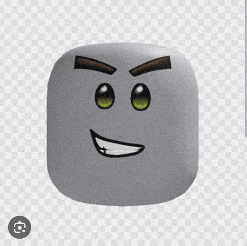a gray square with a smiling face and green eyes