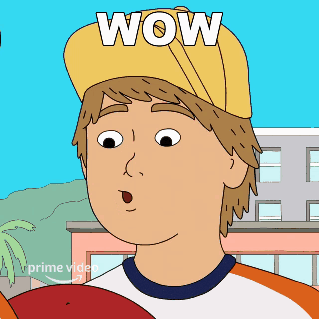 a cartoon character is wearing a yellow hat and says wow