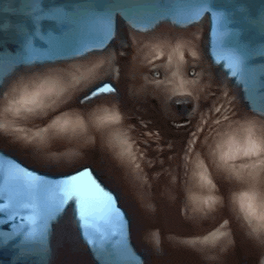 a muscular werewolf with a braid is standing in the dark .