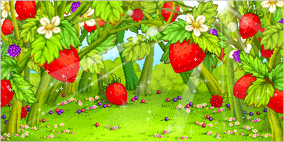 a cartoon illustration of strawberries and flowers in a garden