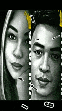 a black and white drawing of a man and a woman with a crown on their head