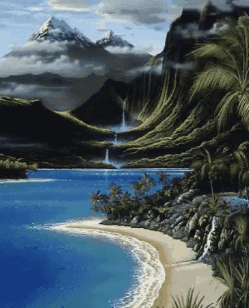 a beach with mountains in the background and a waterfall in the middle