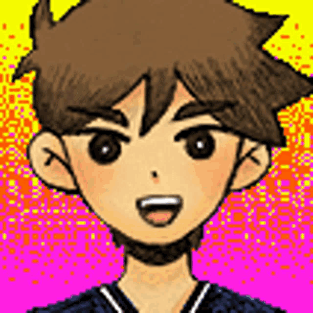 a pixel art drawing of a boy with brown hair and a pink and yellow background .