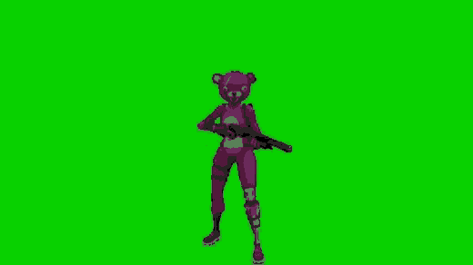 a pink teddy bear is standing on a green screen .