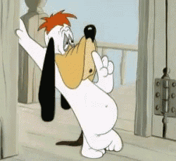 a cartoon dog with red hair is standing in front of a door