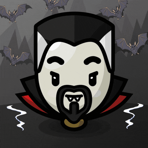 a cartoon drawing of a vampire with bats behind him