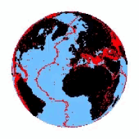 a blue and black globe with red dots on it on a white background .