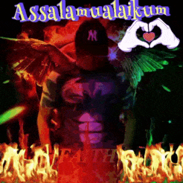 a man in a ny hat is making a heart with his hands in front of flames
