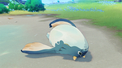 a cartoon penguin is laying on the ground in a field