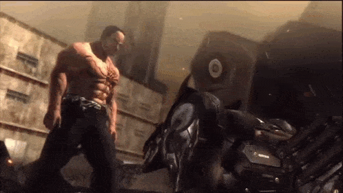 a man in a video game is standing next to a motorcycle that says ' gigabyte ' on it
