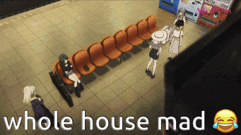 a group of people sitting in a waiting room with the words " whole house mad " below them