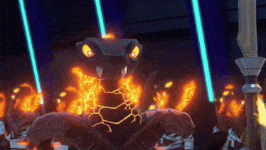 a cartoon snake with glowing eyes is surrounded by other snake characters