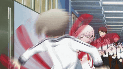 a girl with a red scarf around her neck is being punched by a boy