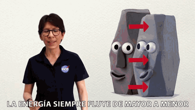 a woman wearing a nasa shirt stands next to a cartoon character
