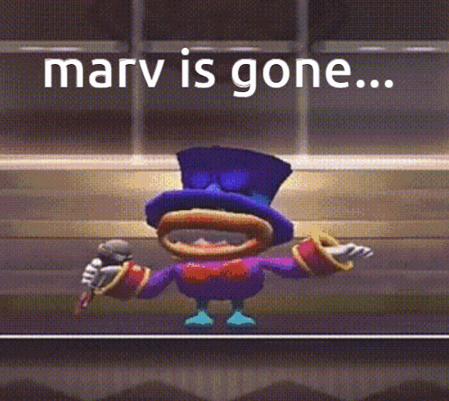 a cartoon character with a top hat is holding a microphone and says marv is gone ...