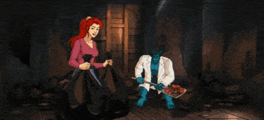 a cartoon of a woman and a monster running in a dark room