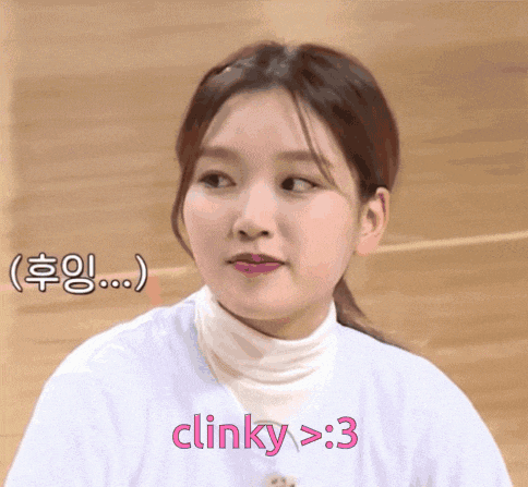 a close up of a woman 's face with the word clinky above it