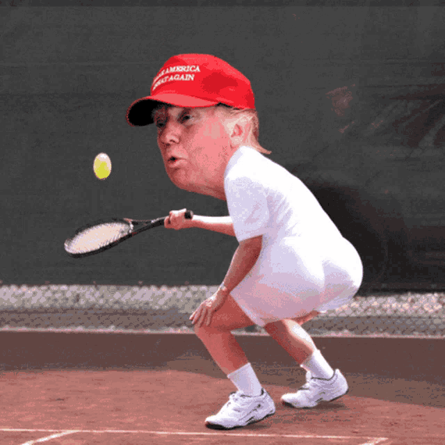 donald trump is playing tennis and wearing a red hat that says " make america great again "