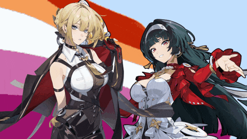a couple of anime girls standing next to each other with a flag in the background