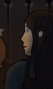 a cartoon drawing of a woman with long hair and blue eyes