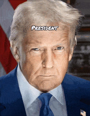 a close up of donald trump 's face with the word president written on his forehead
