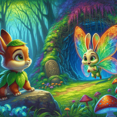 a painting of a rabbit and a butterfly in a fairytale forest