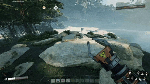 a screenshot of a video game shows a hand with a yellow warning sign on it