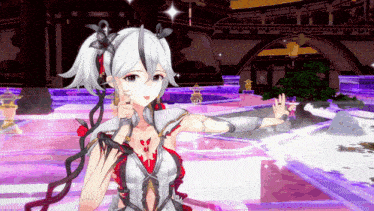 a girl with white hair and red ribbons on her hair